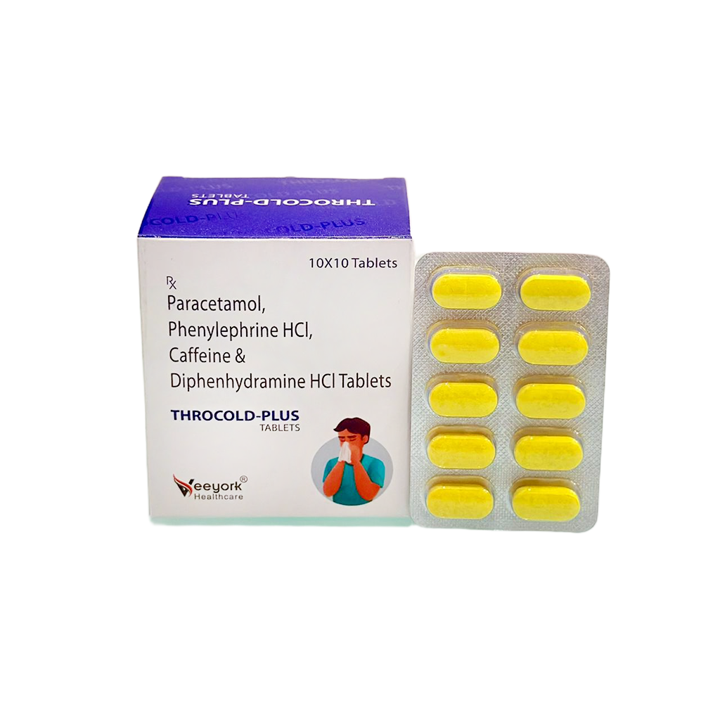 Throcold Plus | Paracetamol, Phenylephrine Hydrochloride, Caffeine & Diphenhydramine HCL Tablets | Main Image
